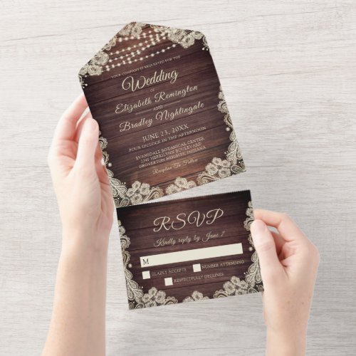 Wedding Rustic Wood String Lights Ivory Lace All In One Invitation