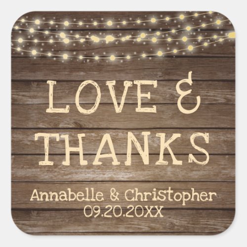 Wedding Rustic Wood String Lights LOVE AND THANKS Square Sticker