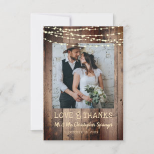 Wedding Rustic Wood String Lights Photo Thank You Card