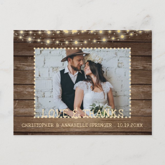 Wedding Rustic Wood String Lights Photo Thank You Postcard (Front)