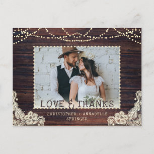 Wedding Rustic Wood String Lights Photo Thank You Postcard