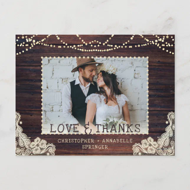 Wedding Rustic Wood String Lights Photo Thank You Postcard | Zazzle