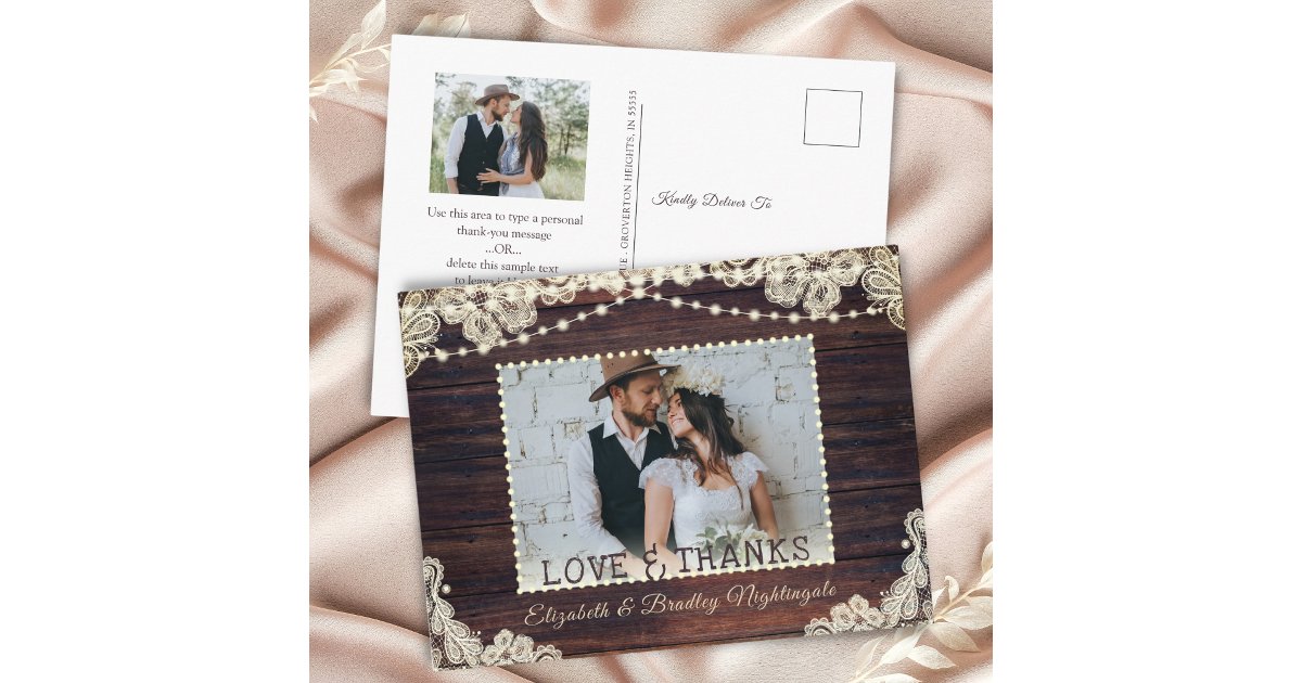 Wedding Rustic Wood String Lights Photo Thank You Postcard | Zazzle
