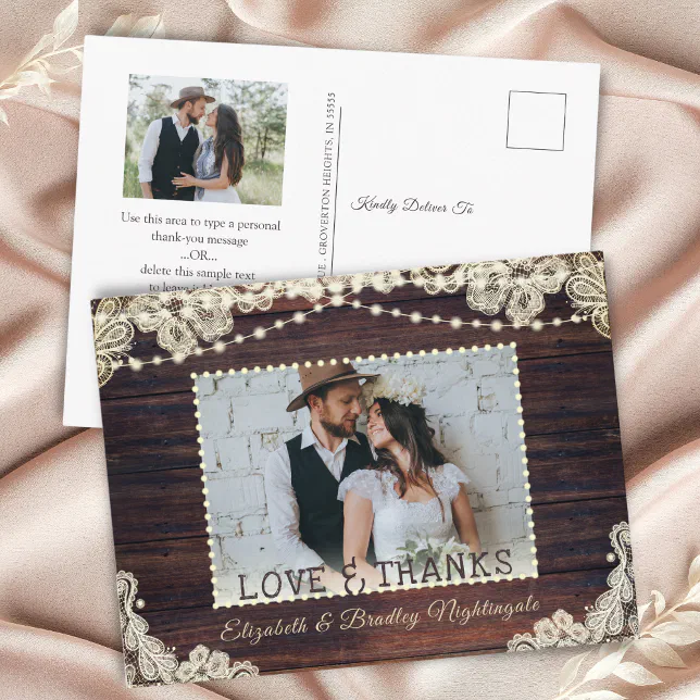 Wedding Rustic Wood String Lights Photo Thank You Postcard | Zazzle