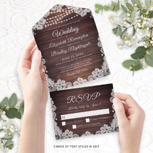 Wedding Rustic Wood String Lights White Lace All In One Invitation