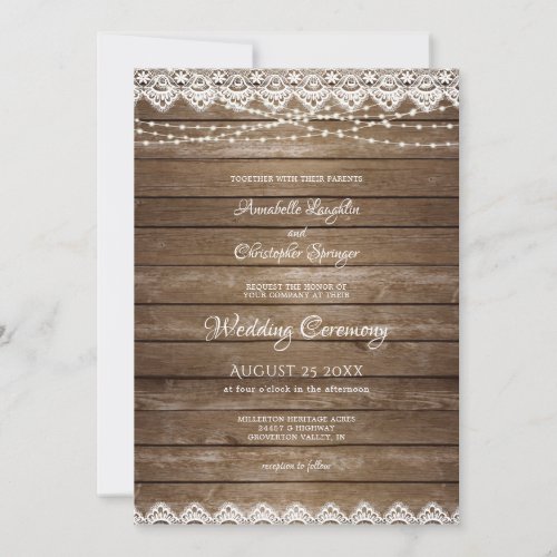 Wedding Rustic Wood White Lace String Lights Invitation