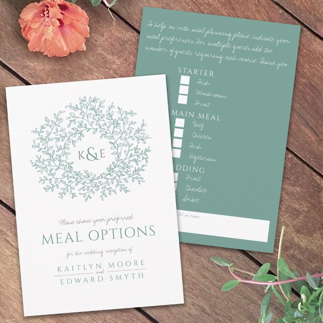 Wedding sage gray green leaf monogram meal options enclosure card (Creator Uploaded)