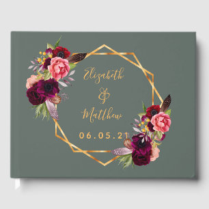 Wedding sage green burgundy flowers guest book
