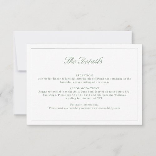 Wedding Sage Green Crest Monogram Details Card