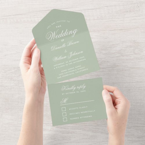 Wedding Sage Green Elegant Script Calligraphy RSVP All In One Invitation