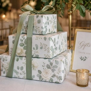 Wedding Sage Green Eucalyptus White Rose Wrapping Paper Sheets