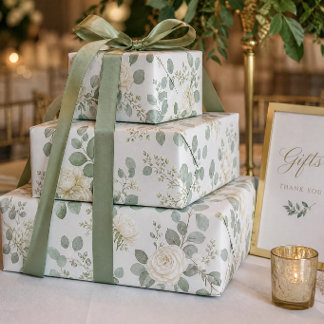Wedding Sage Green Eucalyptus White Rose Wrapping Paper Sheets