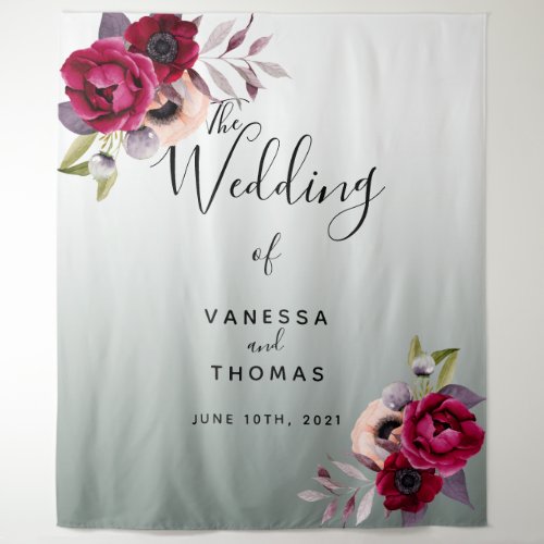 Wedding sage green floral burgundy names tapestry