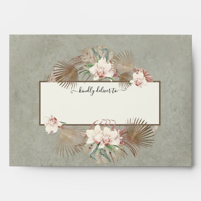 Wedding Sage Green Floral Orchid Monstera Foliage Envelope (Front)