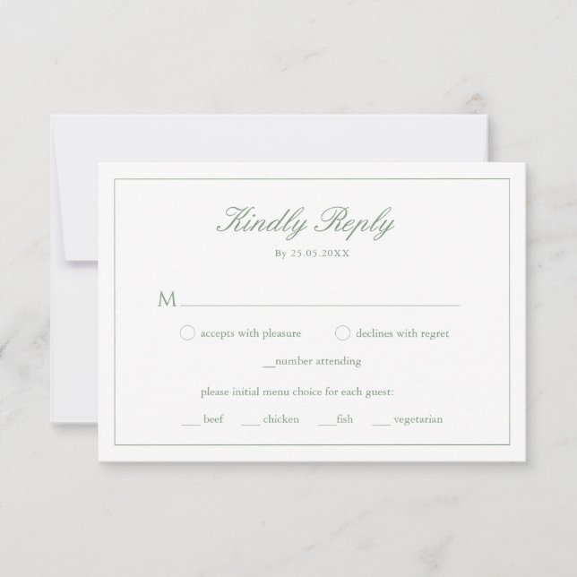 Wedding Sage Green Monogram Meal Choice RSVP Card (Front)