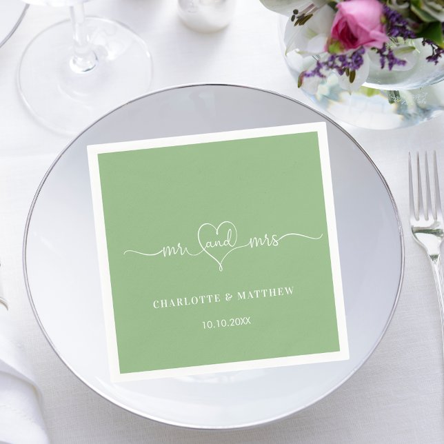Wedding sage green mr mrs heart script simple napkins (Creator Uploaded)