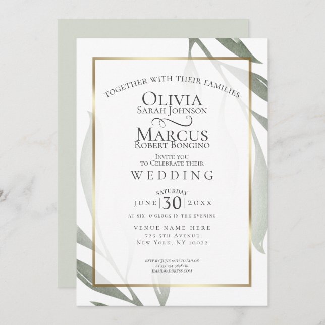 Wedding | Sage Green Olive Branch Watercolor Leaf Invitation (Front/Back)
