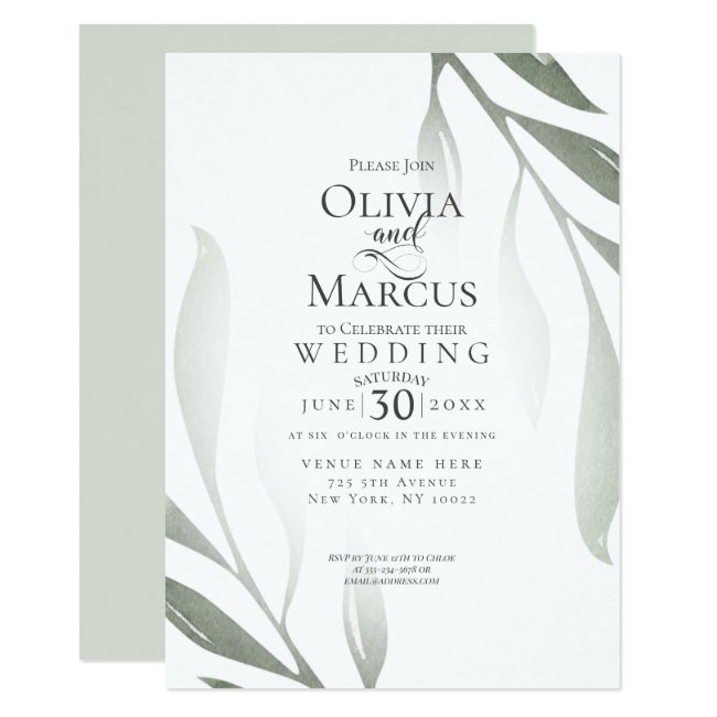 Wedding | Sage Green Olive Branch Watercolor Leaf Invitation