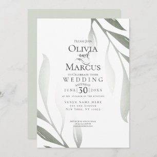 Wedding Sage Green Olive Branch Watercolor Leaf Invitation
