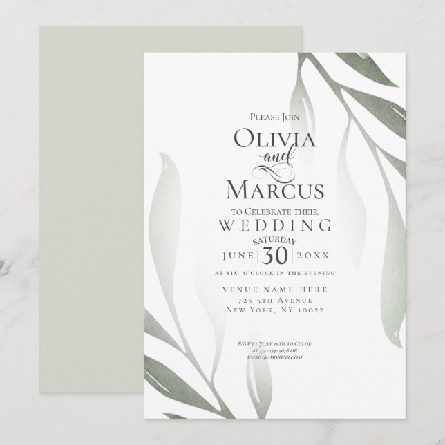 Wedding | Sage Green Olive Branch Watercolor Leaf Invitation (Front/Back)