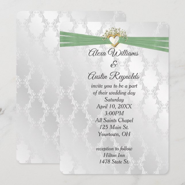 Wedding Sage Green Ribbon In Heart On Satin Invitation (Front/Back)