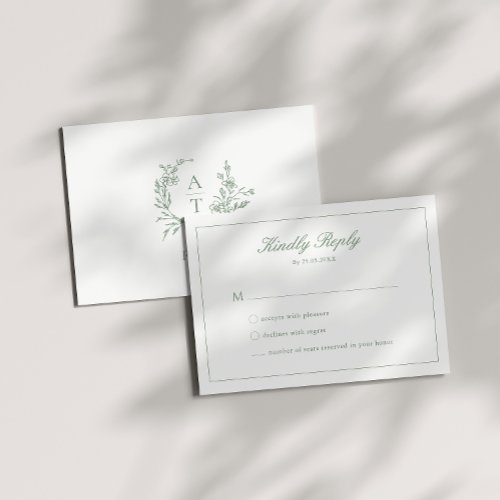 Wedding Sage Green Script Crest Monogram RSVP Card