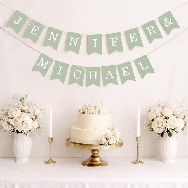 Wedding Sage Green Simple Bride & Groom Names Bunting Flags (Creator Uploaded)