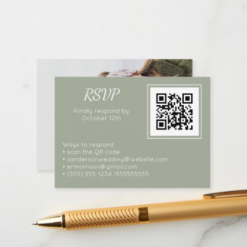 Wedding Sage White RSVP Online QR Code Photo Enclosure Card