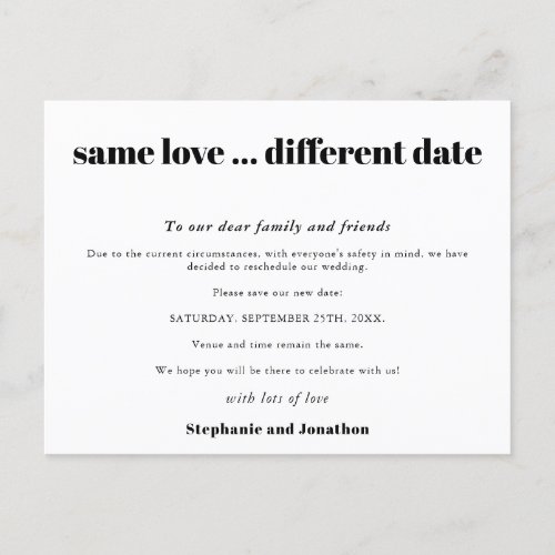 Wedding Same Love Different Date Simple Black Text Announcement Postcard