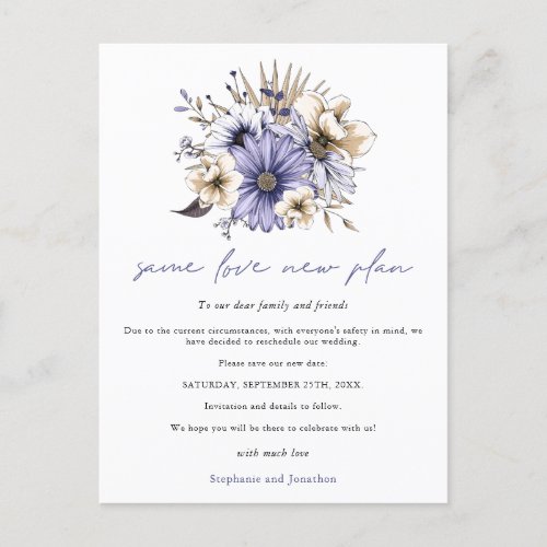 Wedding Same Love New Plan Date Purple Floral Announcement Postcard