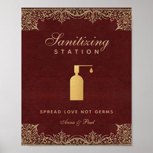 Wedding Sanitizing Station Burgundy Gold Vintage P Poster