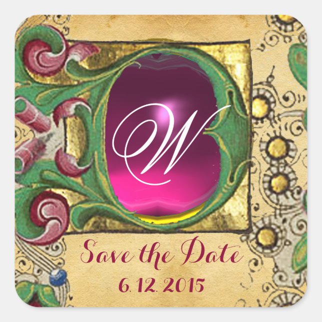 WEDDING SAVE DATE FLORAL PARCHMENT GEM MONOGRAM SQUARE STICKER (Front)