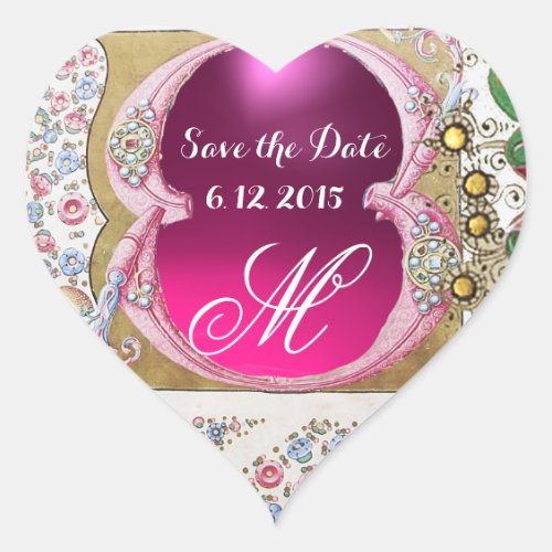 WEDDING SAVE DATE FLORAL PARCHMENT GEMSTONE HEART HEART STICKER