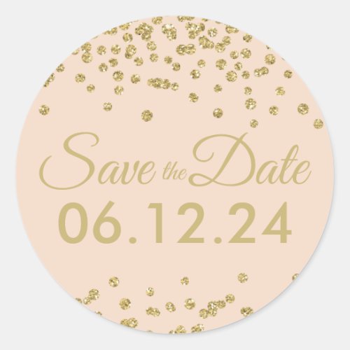 Wedding Save Date Gold Glitter Confetti Blush Rose Classic Round Sticker