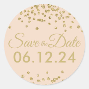 Wedding Save Date Gold Glitter Confetti Blush Rose Classic Round Sticker