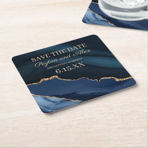 Wedding Save Date Navy Blue Gold Marble Agate  Square Paper Coaster