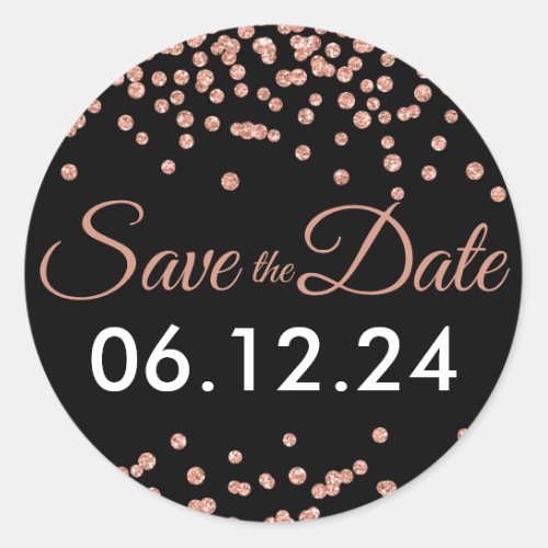 Wedding Save Date Rose Gold Glitter Confetti Black Classic Round Sticker