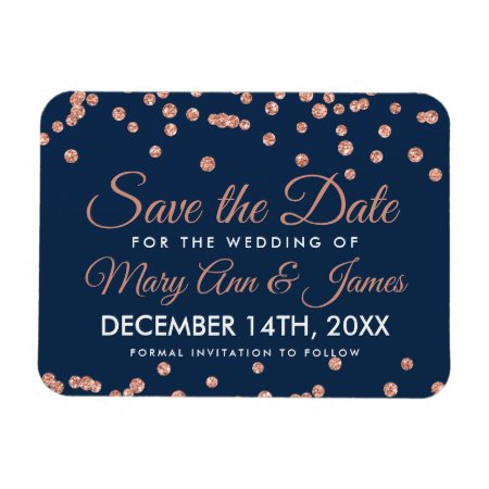 Wedding Save Date Rose Gold Glitter Confetti Navy Magnet