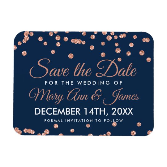 Wedding Save Date Rose Gold Glitter Confetti Navy Magnet Zazzle Wedding Save Date Rose Gold Glitter Confetti Navy Magnet