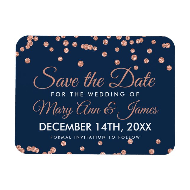 Wedding Save Date Rose Gold Glitter Confetti Navy Magnet (Horizontal)