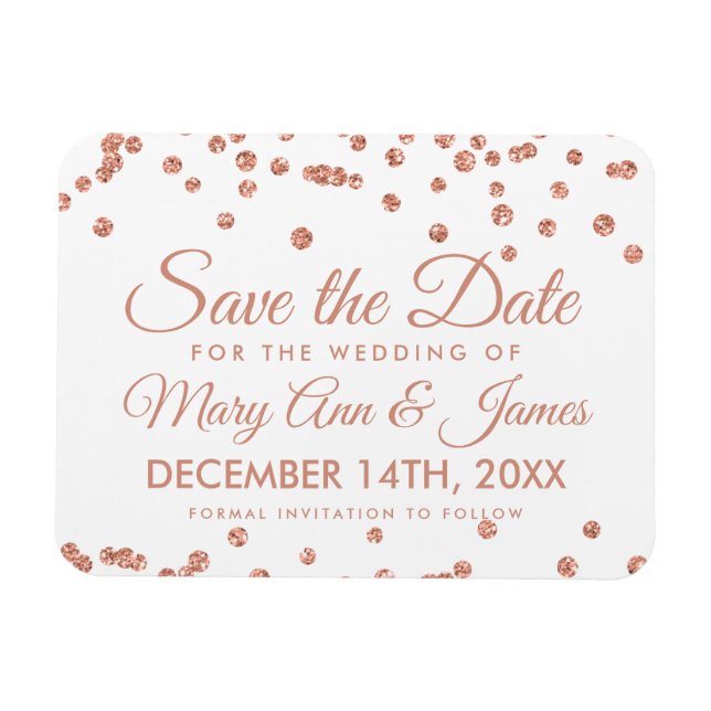 Wedding Save Date Rose Gold Glitter Confetti White Magnet (Horizontal)