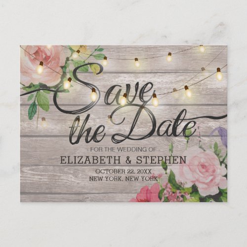 Wedding Save Date Rustic Wood Floral String Lights Announcement Postcard