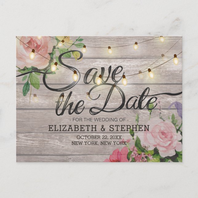 Wedding Save Date Rustic Wood Floral String Lights Announcement Postcard (Front)
