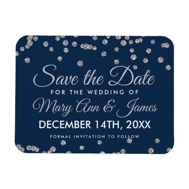 Wedding Save Date Silver Glitter Confetti Navy Magnet (Horizontal)