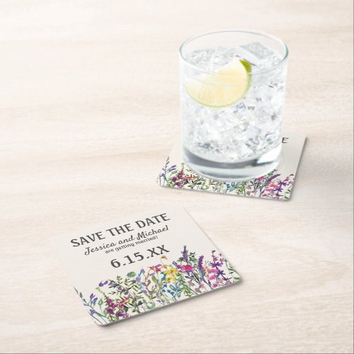 Wedding Save Date Watercolor Wildflowers Floral Square Paper Coaster