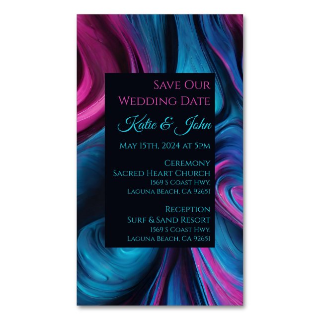 Wedding Save our Date- Modern Blue and Pink- Business Card Magnet (Front Vertical)
