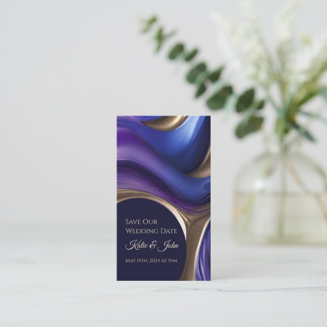 Wedding Save our Date- Modern Blue Purple Gold- Business Card (Standing Front)
