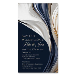 Wedding Save our Date- Modern Blue White and Gold- Business Card Magnet
