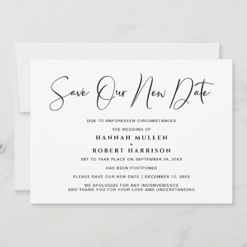 Wedding Save Our New Date Postponement Black White Announcement