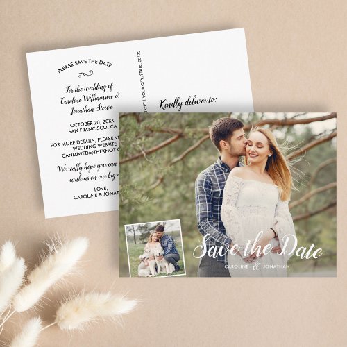 Wedding Save the Date 2 Photos White Calligraphy Postcard